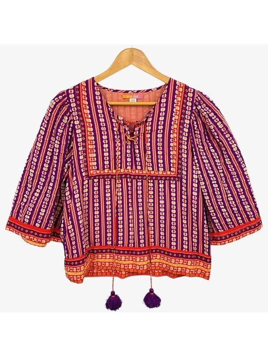 Briton Court Tops - Briton Court Top Womens S Multicolor Striped Tassel Hem Tunic 3/4 Sleeve Boho